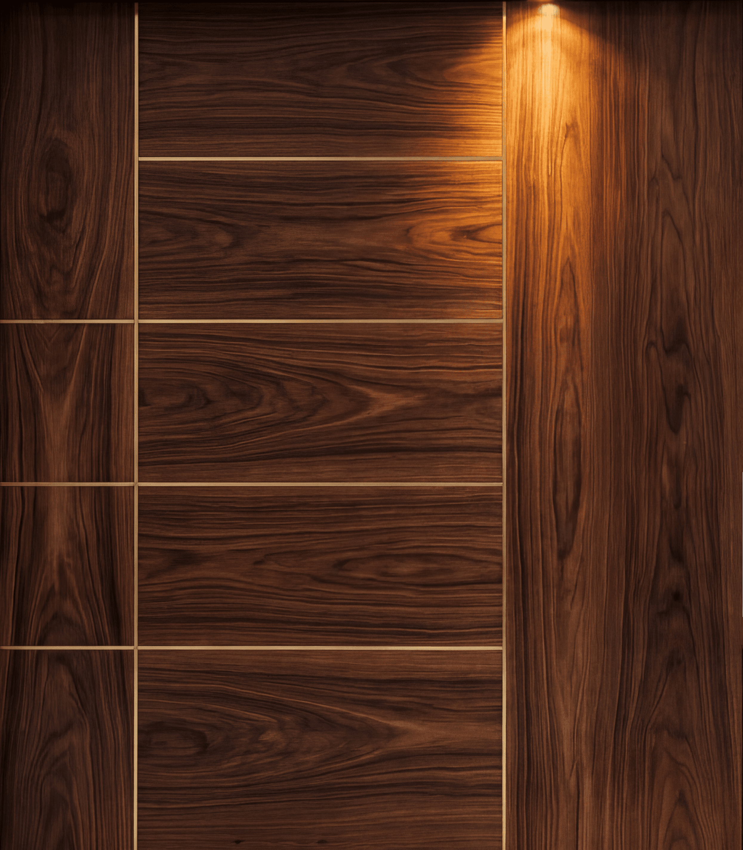 Rendered entrance door, left leaf: dark wood-grain panels divided by thin brass lines under a spotlight