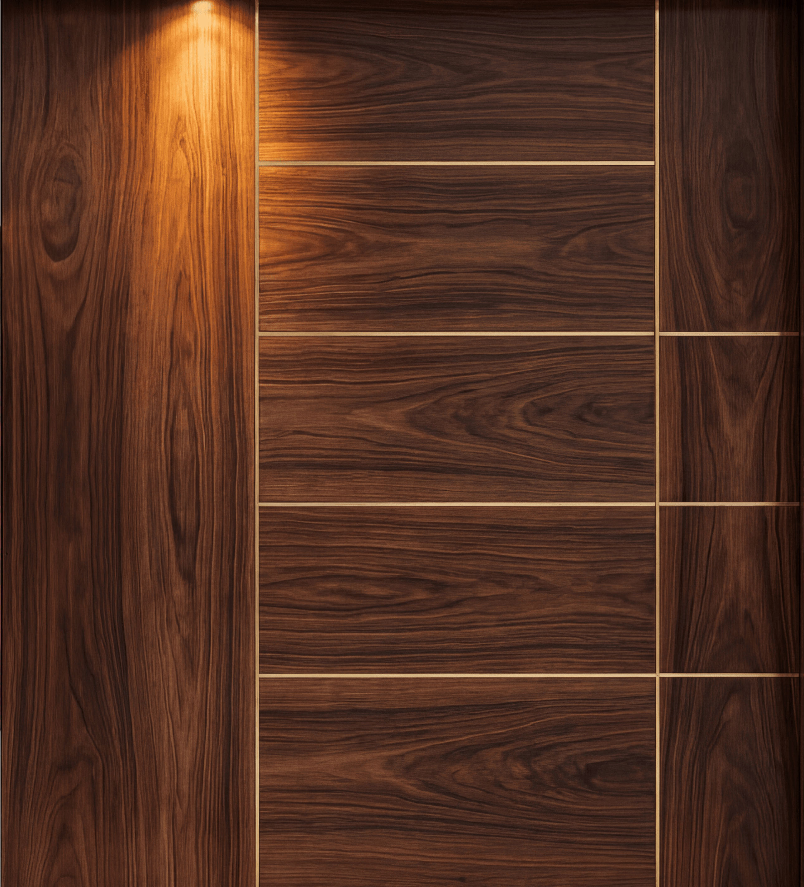 Rendered entrance door, right leaf: dark wood-grain panels divided by thin brass lines under a spotlight