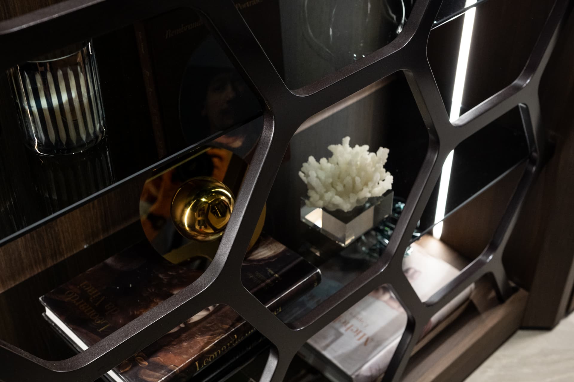 Honeycomb metal shelving with white coral, glass objects and books against walnut in the salon hallway of Khayyal