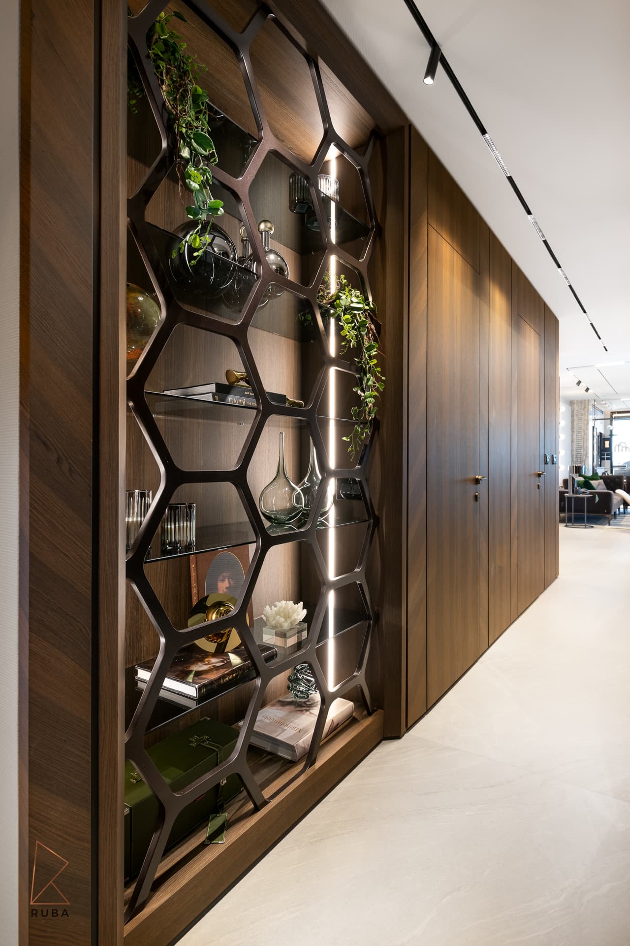 Walnut wall with a backlit honeycomb metal shelving unit holding plants and objects in the salon hallway of Khayyal