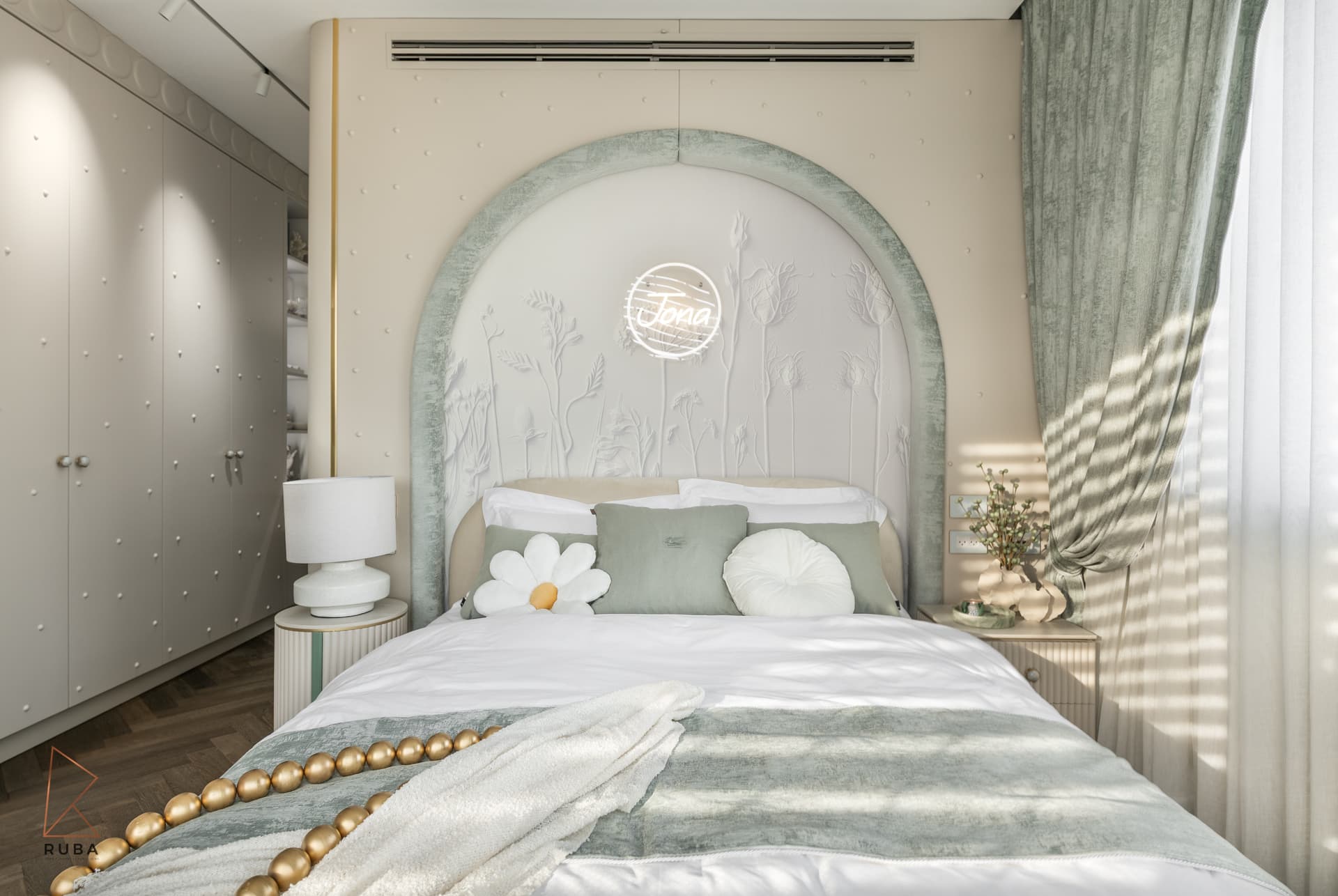 Kids bed under an arched sage velvet headboard framing a white floral relief, beside studded wardrobes in The Last Supper