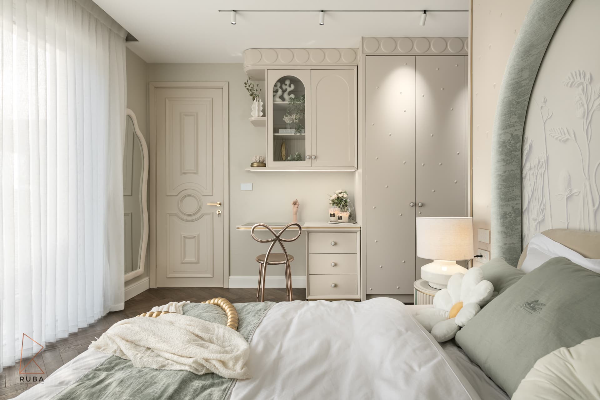 Kids bedroom vanity nook with scalloped cabinetry, bow-back chair and wavy mirror seen from the bed in The Last Supper