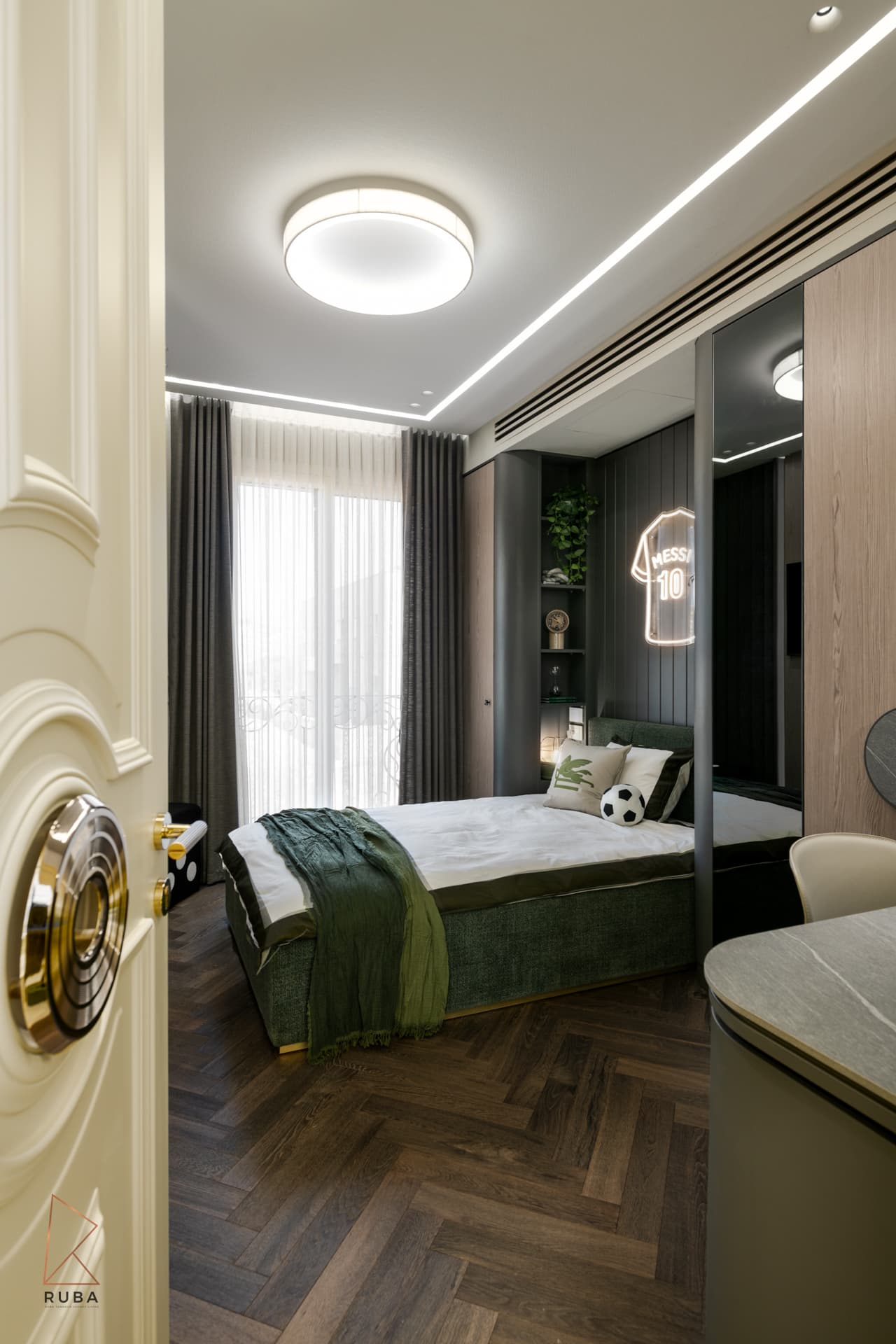 Kids bedroom seen through an open door, with dark ribbed wall panels and a green upholstered bed in The Last Supper