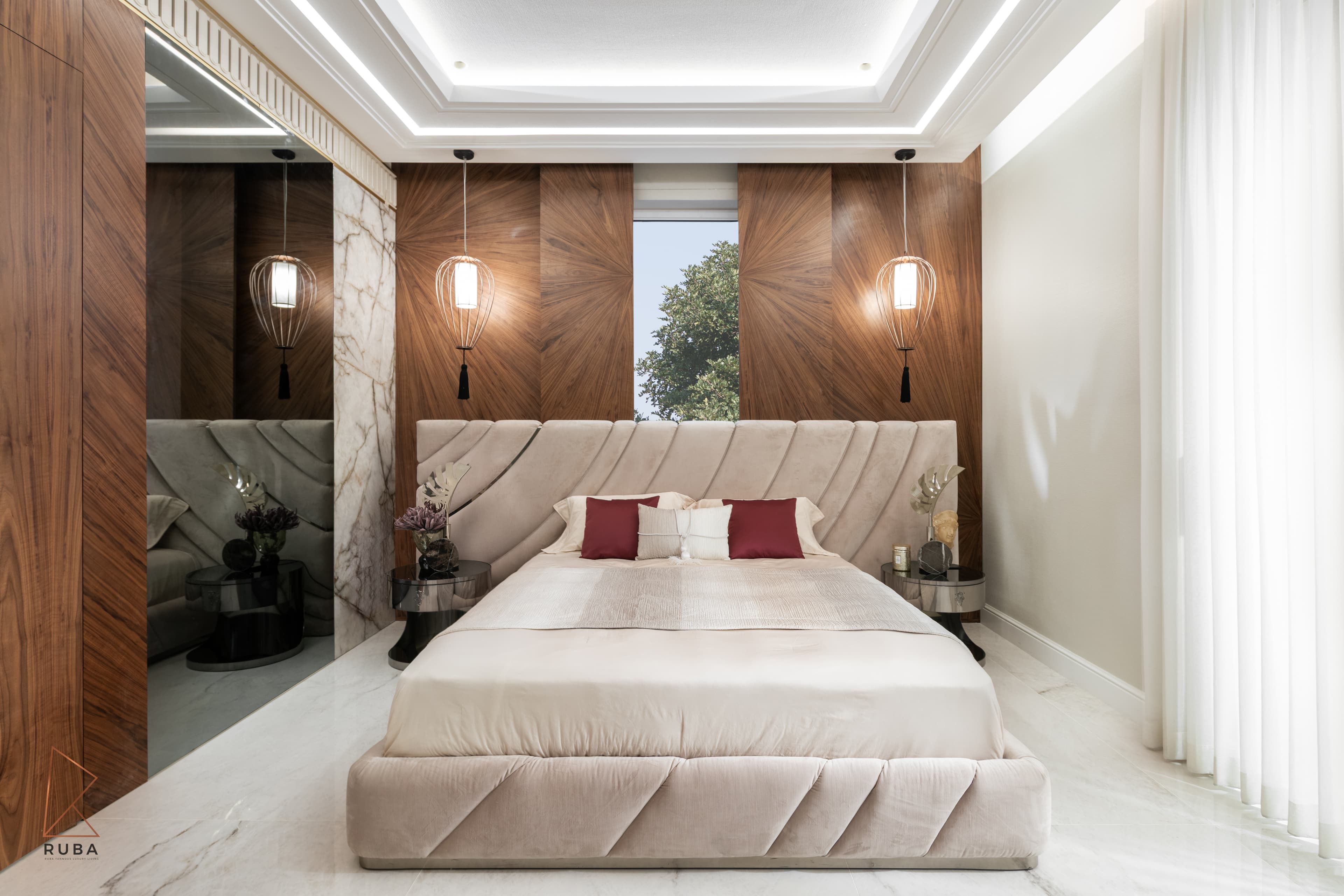 Master bedroom bed wall with a narrow window set into sunburst walnut panels and hanging pendant lamps in The Last Supper