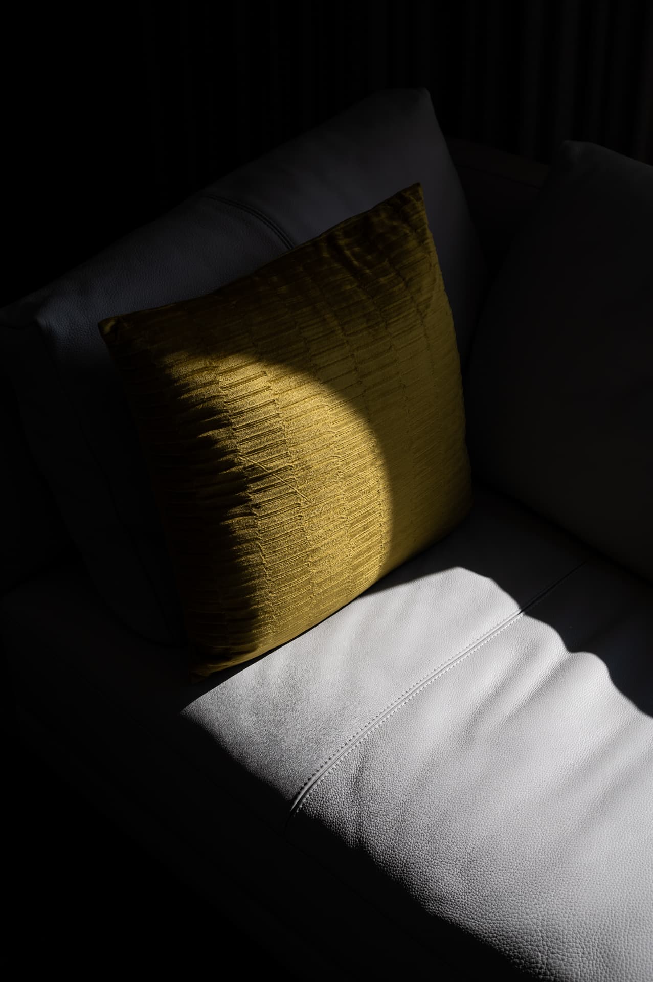 Pleated mustard cushion catching a band of sunlight on a pale leather sofa in the living room of Timeless Union